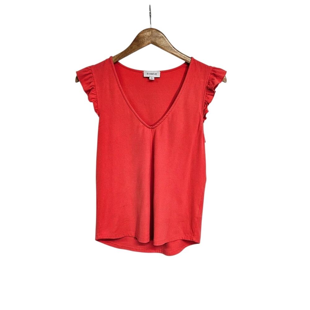 Evereve Coral Pink Red Ruffle Flutter Short Sleeve V-Neck Shirt Size Small